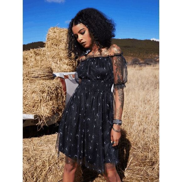 Off Shoulder Goth Witch Moon Print Contrast Mesh Flared Shirred Dress L NWT - Picture 7 of 16